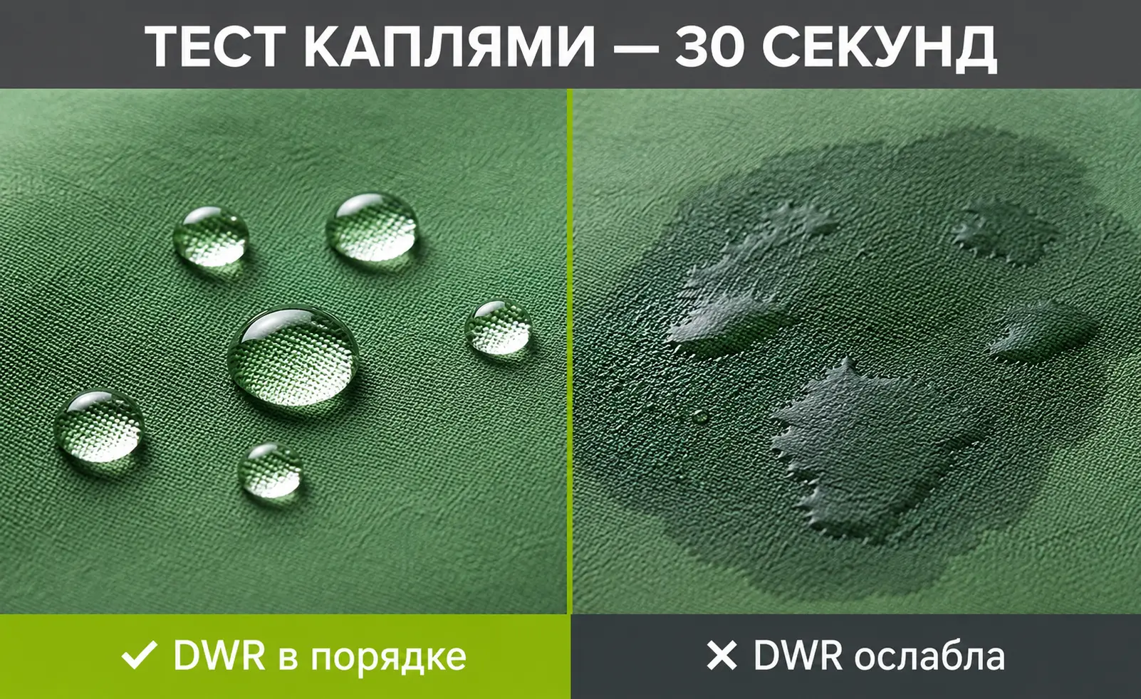 Тест DWR каплями на мембранной ткани: слева капли скатываются (DWR работает), справа впитываются (DWR ослабла)