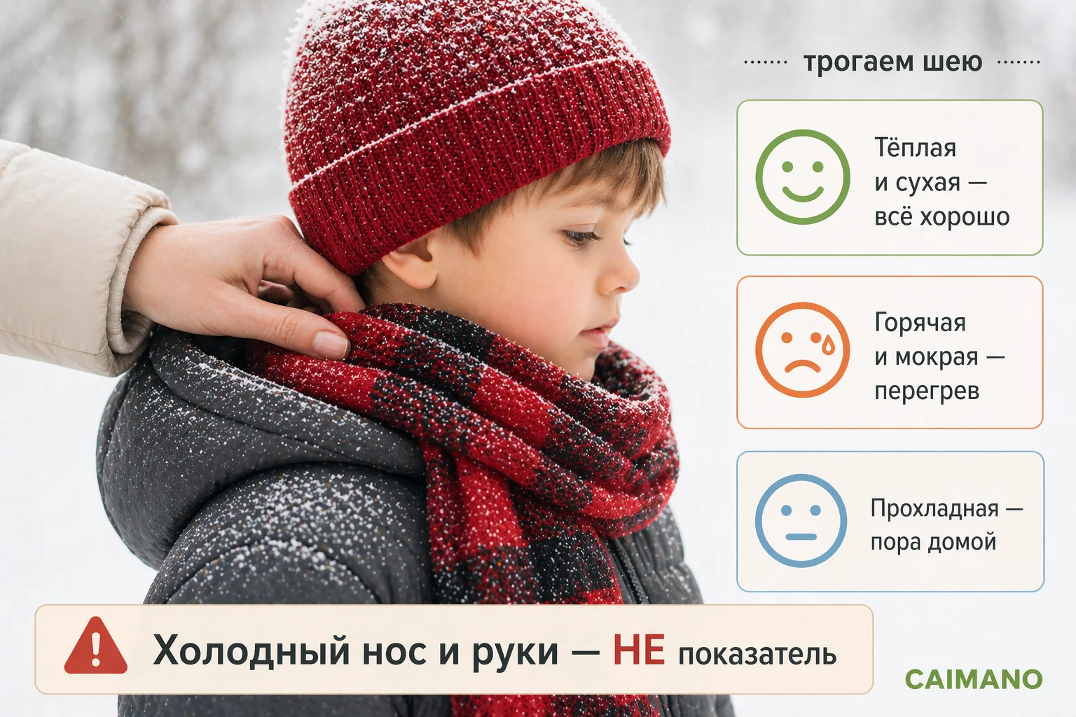 Как проверить, комфортно ли ребёнку зимой: тёплая и сухая шея — всё хорошо