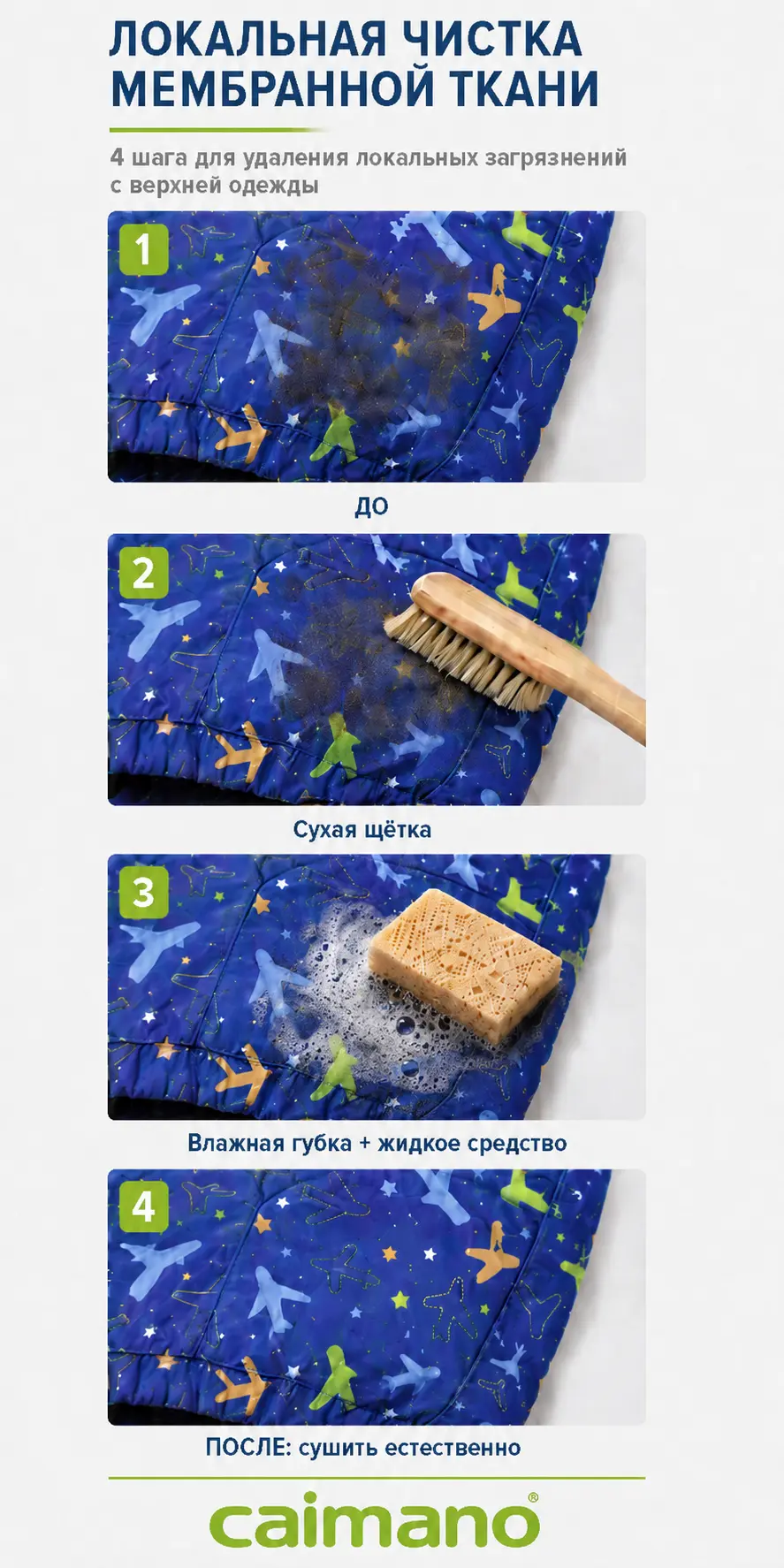 4 шага локальной чистки мембранной одежды: стряхнуть, смочить, нанести жидкое средство, смыть