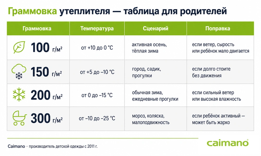 Таблица граммовки утеплителя 100, 150, 200, 300 г·м²: температурные диапазоны, сценарии и поправки